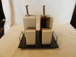 Tri-Color Brown &amp; White Ceramic 5 Piece Oil, Vinegar, Salt Pepper &amp; Tray... - £39.09 GBP