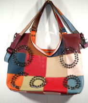 Amerileather Women&#39;s Donovan Leather Tote Bag Metal Studs Colorful Patch... - £27.96 GBP