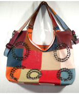Amerileather Women&#39;s Donovan Leather Tote Bag Metal Studs Colorful Patch... - £27.81 GBP