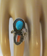 Turquoise Ring Coral Native Tribal Design Size 7 Sterling Silver Southwe... - $931.33 MXN