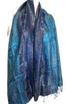 New Blue, Dark Blue, Gray Paisley Wool and Silk Pashmina Scarf 27&quot;W x 112L&quot; - $18.04