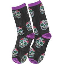 Funky Retro Novelty Sugar Skull Day Dead Women Crew Socks Goth Punk-BLACK/PURPLE - $5.67