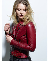 Women Stylish Burgundy Leather Jacket Soft Lambskin Leather Biker Moto Jacket - $107.30