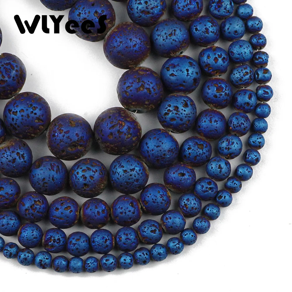 WLYeeS Round Plated Blue Lava Stone Beads 4 6 8 10mm Natural Volcanic Rock Loose - £6.22 GBP