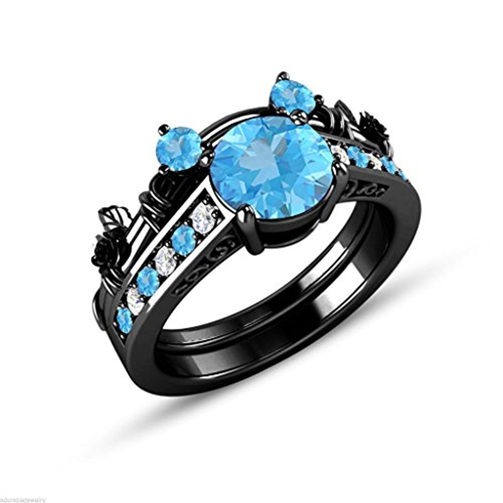 Round CZ Dia & Blue Topaz Black Gold Plated 925 Sterling Silver Bridal Ring Set - $46.81