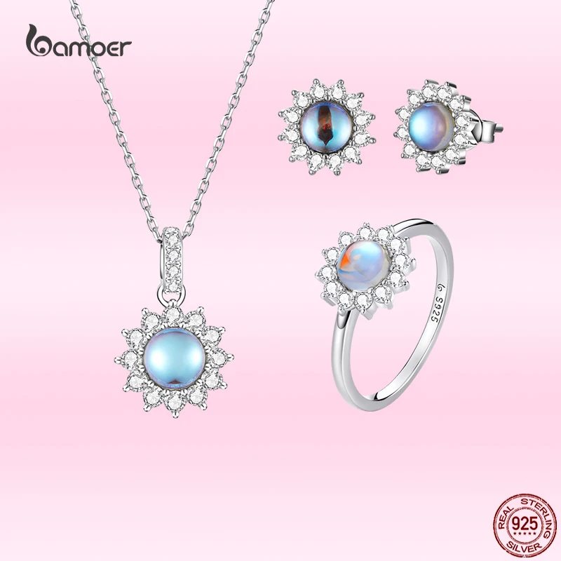 925 Sterling Silver Dazzling Sun Ear Studs Necklace Rings Suit for Women Luxury  - £40.11 GBP