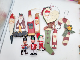 11 Christmas Hand Carved Wooden Folk Art Santa Claus Ornaments + Other - $18.00