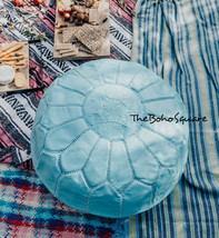 Handmade &amp; Hand-Stitched Moroccan Pouf, Genuine Leather Ottoman, Baby Blue Color - £63.92 GBP