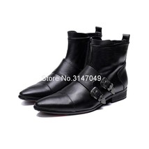 Black Cow Leather Winter Boots Men High Quality Double Buckle Men Chelsea Boots  - £164.58 GBP