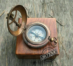 Vintage Antique Design Sun-Dial Clock Compass in Brown Wooden Box Gifts Hik - £36.80 GBP