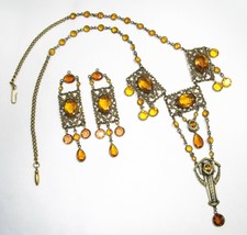 Estate Art Nouveau Brass Filigree Citrine Glass Earrings & Necklace Set C1862 - £184.09 GBP