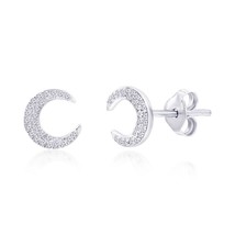 Sterling Silver Crescent Moon Diamond Stud Earrings - (50 Stones) - £111.07 GBP