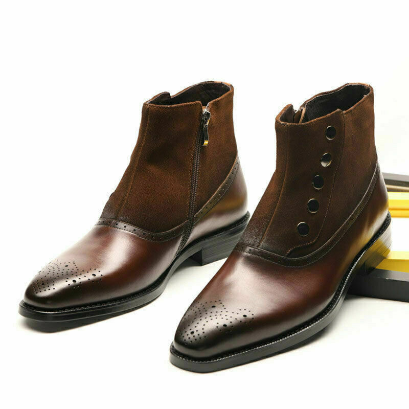 Men's New Handmade Button & Zipper Style Brown Leather & Suede High Ankle