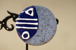 Vintage MCM Mid Century Jewelry Navy Blue Geometric Enamel Ceramic Brooch Pin - £19.30 GBP