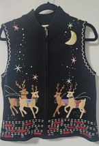 Ambra Christmas Vest Womens Sweater Full Zip Beads reindeers Size Large - $21.51