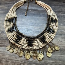 Statement Necklace Vintage Seed Bead Coin Collar Egyptian Style Gold Tone - £14.01 GBP