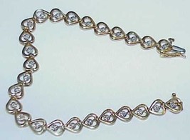 10K 26 Diamond Heart Link Tennis Bracelet 7 1/4&quot; Yellow Gold Vintage Solid - £625.16 GBP