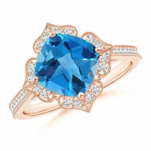 ANGARA Cushion Swiss Blue Topaz and Diamond Lily Flower Ring in 14K Gold - £901.47 GBP