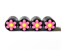 Pink and Yellow Flower Emoji Tire Valve Stem Caps - Black Aluminum - Set of Four - £12.78 GBP