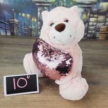 Aurora Pink Teddy Bear Plush 10&quot; Sequin Heart Bean Bottom Soft Toy - £11.21 GBP