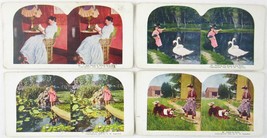 Lot of 4 Color Stereoview Cards, Victorian Women, Children, Pond, Geese, Bike - £11.77 GBP