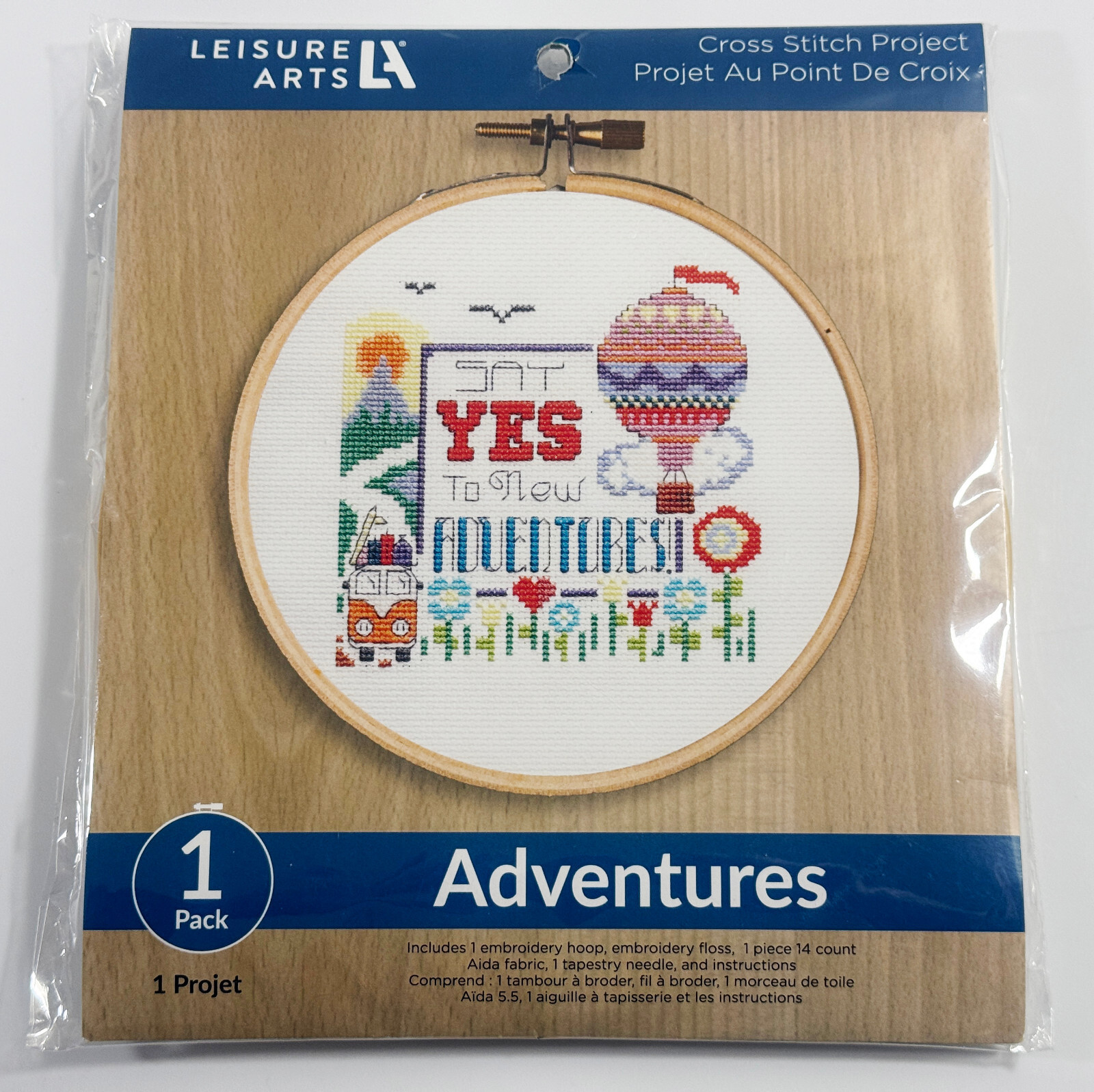 LEISURE ARTS SAY YES TO NEW ADVENTURES 7&quot; WOODEN ROUND CIRCLE CROSS STIT... - $7.91