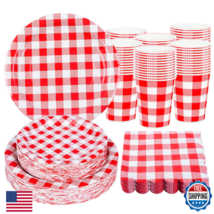 200Pcs Christmas Red Gingham Party Supplies Red Gingham Paper Plates and... - $34.64