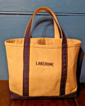 LL Bean Vintage 80&#39;s Boat &amp; Tote USA Canvas White Navy &quot;LAKEHOME&quot; 12x13x... - $51.27