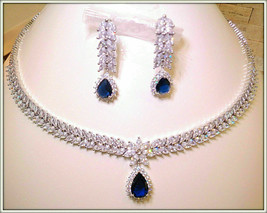 32CT Pear Cut Sapphire &amp; Diamond 14K White Gold Over Bridal Necklace Earring Set - $260.17