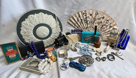 Shabby Chic Junk Drawer Lot Tray Lace Hand Fan Jewelry Bottles ETC In Smith Tin  - £79.64 GBP