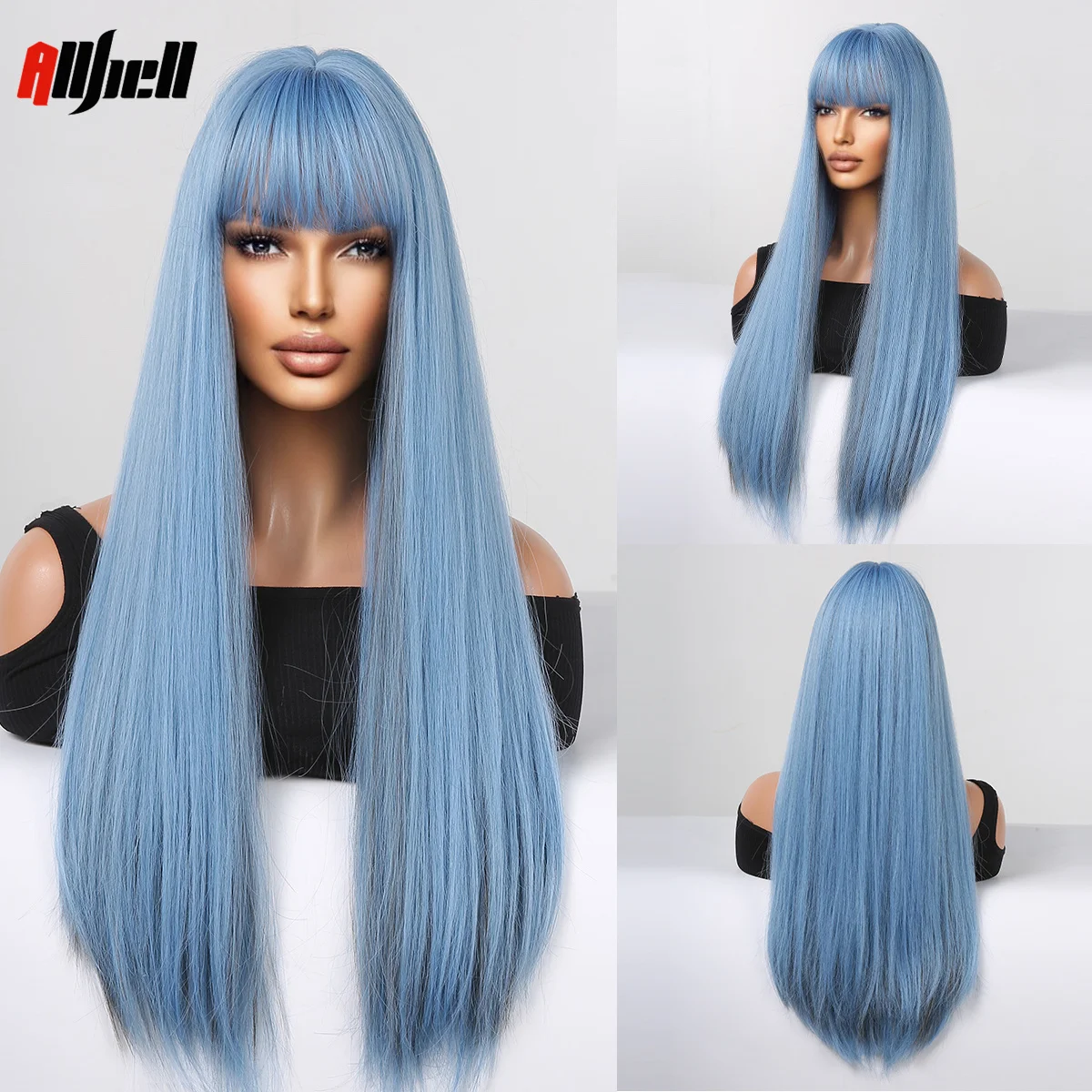 Blue Long Straight Synthetic Wig with Bangs Mixed Grey Ash Blonde Cosplay Loli - £14.14 GBP+
