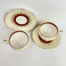 Queen’s Fine Bone China Rosina  2 Teacups Saucers England Filigree Red 1393 - £33.89 GBP