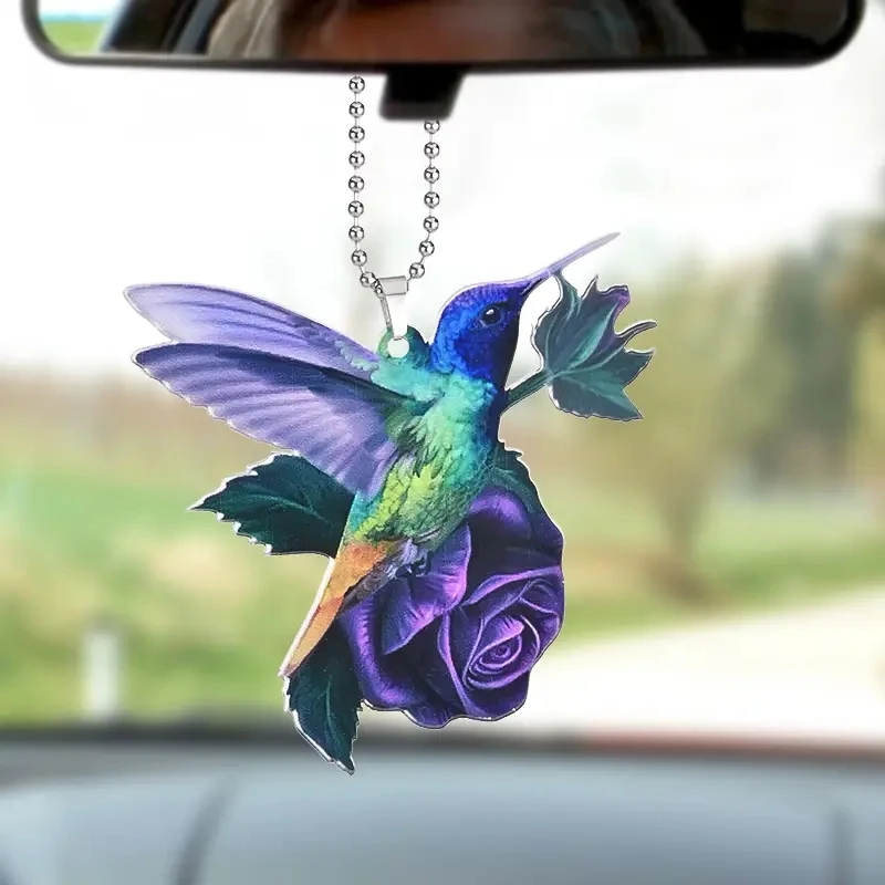 Hummingbirds On Purple Roses Acrylic Pendant Car Rear View Mirror Access... - £9.32 GBP