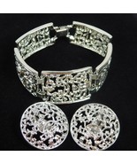 Silver Tone Clip On Round Earrings Bracelet Set Openwork Filigree Metal ... - $19.35