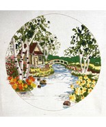 Vintage Crewel Embroidery Cottage Forest River Landscape Scene Unfinished - $33.25