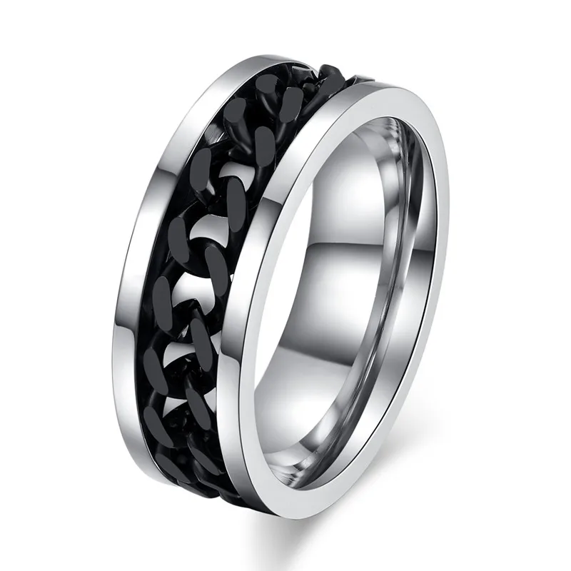 Spinner Black Chain Ring for Men Punk Titanium Steel Metal Finger Jewelry Male A - £13.77 GBP