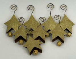 Vintage Metal Jingle Bell Star Christmas Ornaments Gold Glitter 6&quot; Lot 8 - £19.91 GBP