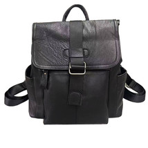 Leather Backpack Men&#39;s And Women&#39;s Schoolbag Black Soft Cowhide Travel Backpack - £73.47 GBP