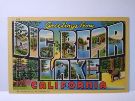Greetings From Big Bear Lake California Large Letter Linen Postcard Curt... - $12.83
