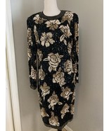 VTG  SILK EVENING Black Gold BEADED SEQUIN Zip Back COCKTAIL Shift Dress... - $1,578.26 MXN