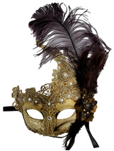 Feather Venetian Masquerade Costume Party Wedding Gold Lace Mask - £20.55 GBP