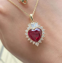 3Ct Heart Cut Lab Created Women&#39;s Ruby Diamond Pendant in 14k Yellow Gold Plated - £80.51 GBP