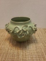 Green Pottery Planter With Rose Embellishments Signed - $16.40