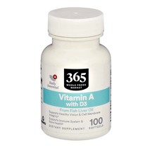 365 Whole Foods Supplements, Vitamin A With D3, 100 Softgels - £19.42 GBP
