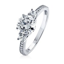 Sterling Silver Wedding 3-Stone Engagement Ring w/ 2Ct Round LC Moissanite - £56.02 GBP