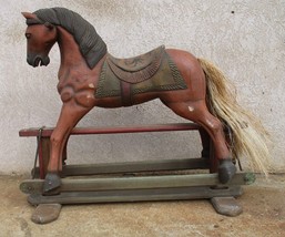 Antique Vintage Wooden Carved Carousel Rocking Horse Child Size Paint Decorated - £506.67 GBP