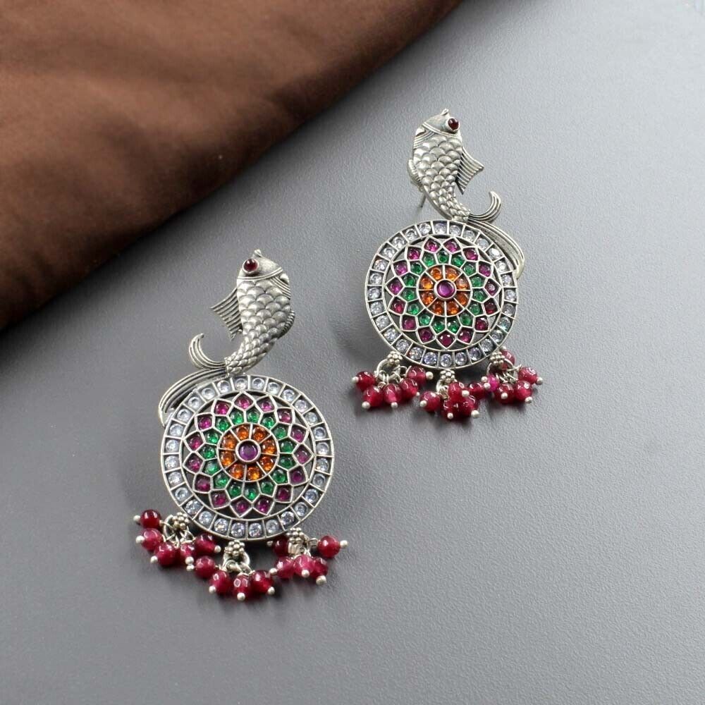 Primary image for Indian Fish Design Real 925 Sterling Silver Oxidized Kundan Earrings