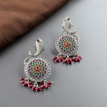 Indian Fish Design Real 925 Sterling Silver Oxidized Kundan Earrings - $75.53