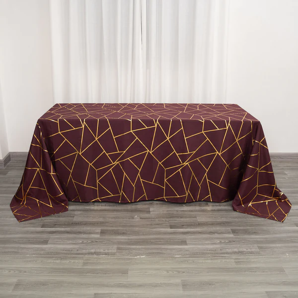 Burgundy - 90&quot;x132&quot; Rectangle Polyester Tablecloth Gold Foil Geometric - £39.19 GBP