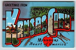 Greetings From Kansas City Missouri Large Big Letter Postcard Linen Unused Kropp - £7.57 GBP